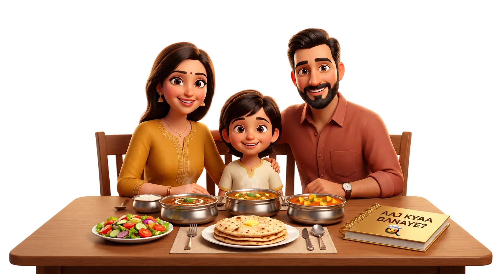 Happy Indian Family Dining Table 3D Illustration