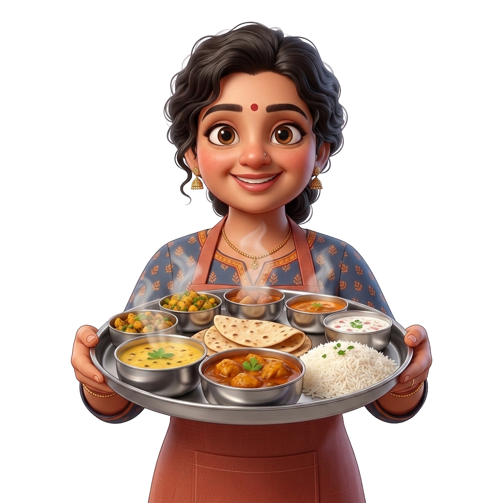 Proud Mom Chef holding Indian Thali 3D Illustration