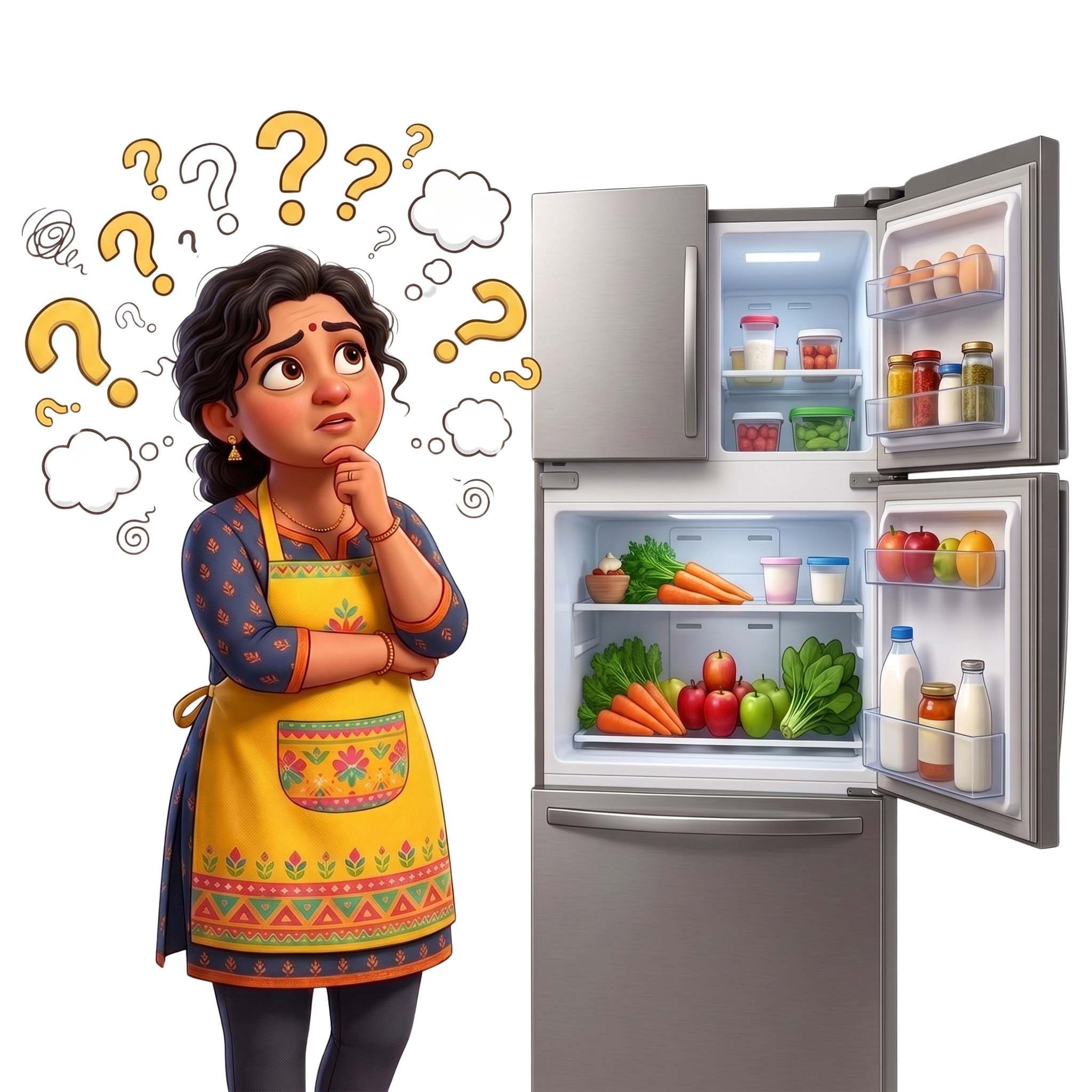 Confused Mom Near Fridge 3D Illustration